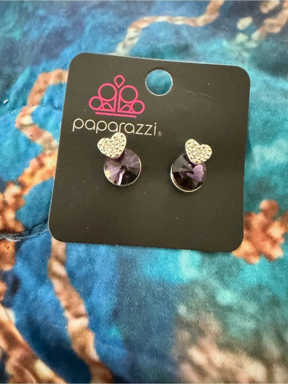 paparazzi Silver Heart and Purple Crystal Studs